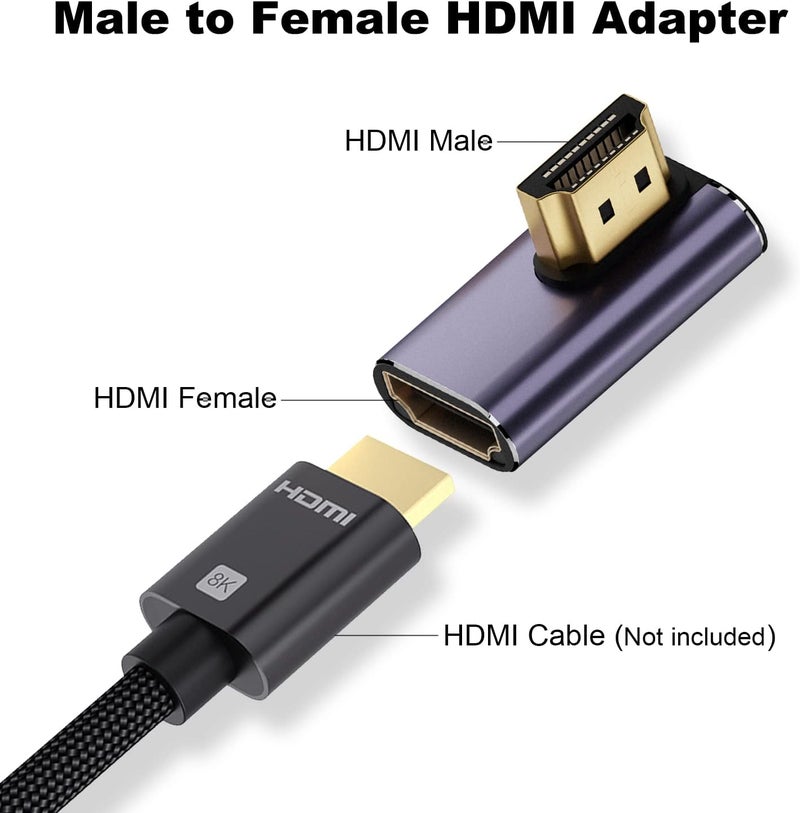 AreMe 8K HDMI 2.1 Right Angle Adapter (2 Pack), Left&Right 90 Degree and 270 Degree HDMI Male to HDMI Female Extender Connector Aluminum Alloy (34 * 24 * 9MM) - Image 3